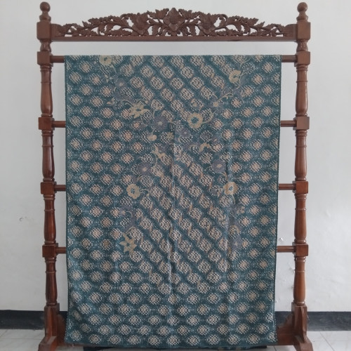 Kain Batik Tulis Tenun Bulu Motif Flora mix Geometris Warna Teal Blue